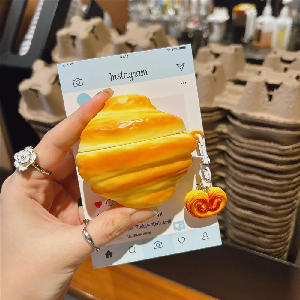 Huawei用ワイヤレスヘッドセット保護ケース,ペンダント付き3Dクロワッサンパンモデル,Freeclip 2,5,4,pro3