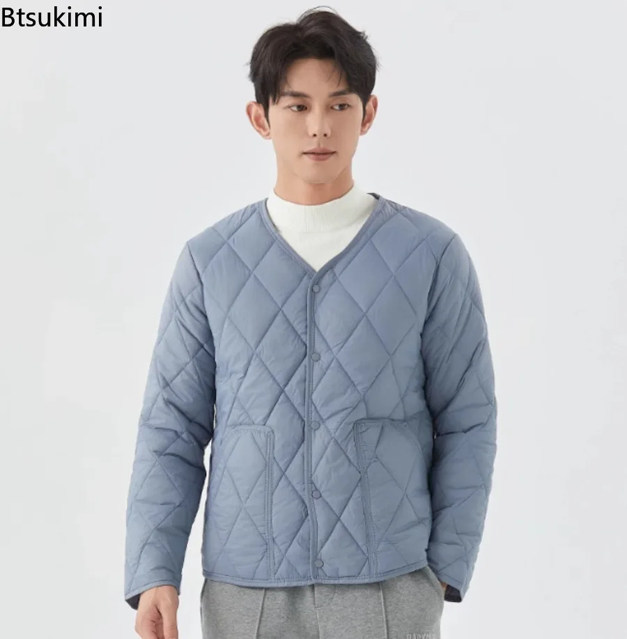 Men's Solid Color Argyle Casual Warm Padded Jacket Young Man Winter New Lightweight Single-breasted Padded Jacket with Pockets