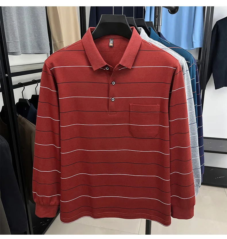 Hochwertiges gestreiftes Langarm-Poloshirt für Herren, neues Komfort-Taschendesign, Frühling/Herbst, luxuriöses Business-Casual-T-Shirt. – Detail 15