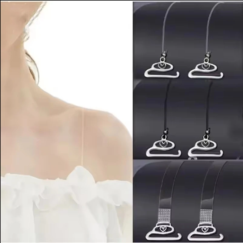 12pcs Ultra Thin Invisible Bra Straps, Heart Mini Hanger Hook Clear & Black Replacement Shoulder Straps