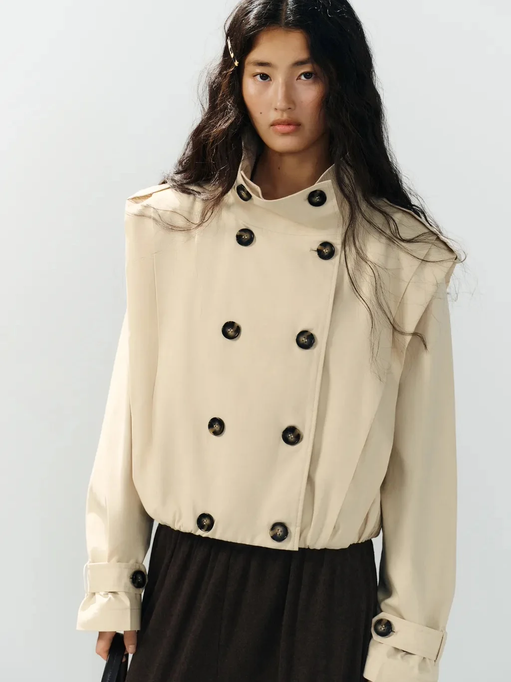 New Arrival Autumn Women's Double-Button Long-Sleeve Stand-Collar Pleated Short Coat Jacket Commute Style Standard Edition