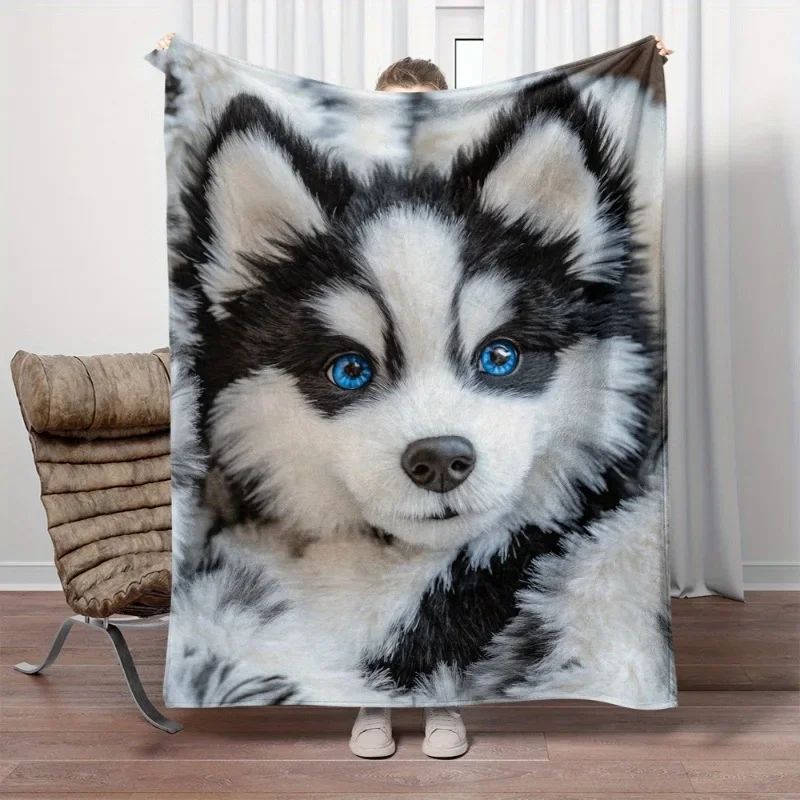 Cute Blue Eyes Husky Dog Face Throw Blanket Cozy Pet Lover Gift for Couch Decor 150x200cm 150x230cm