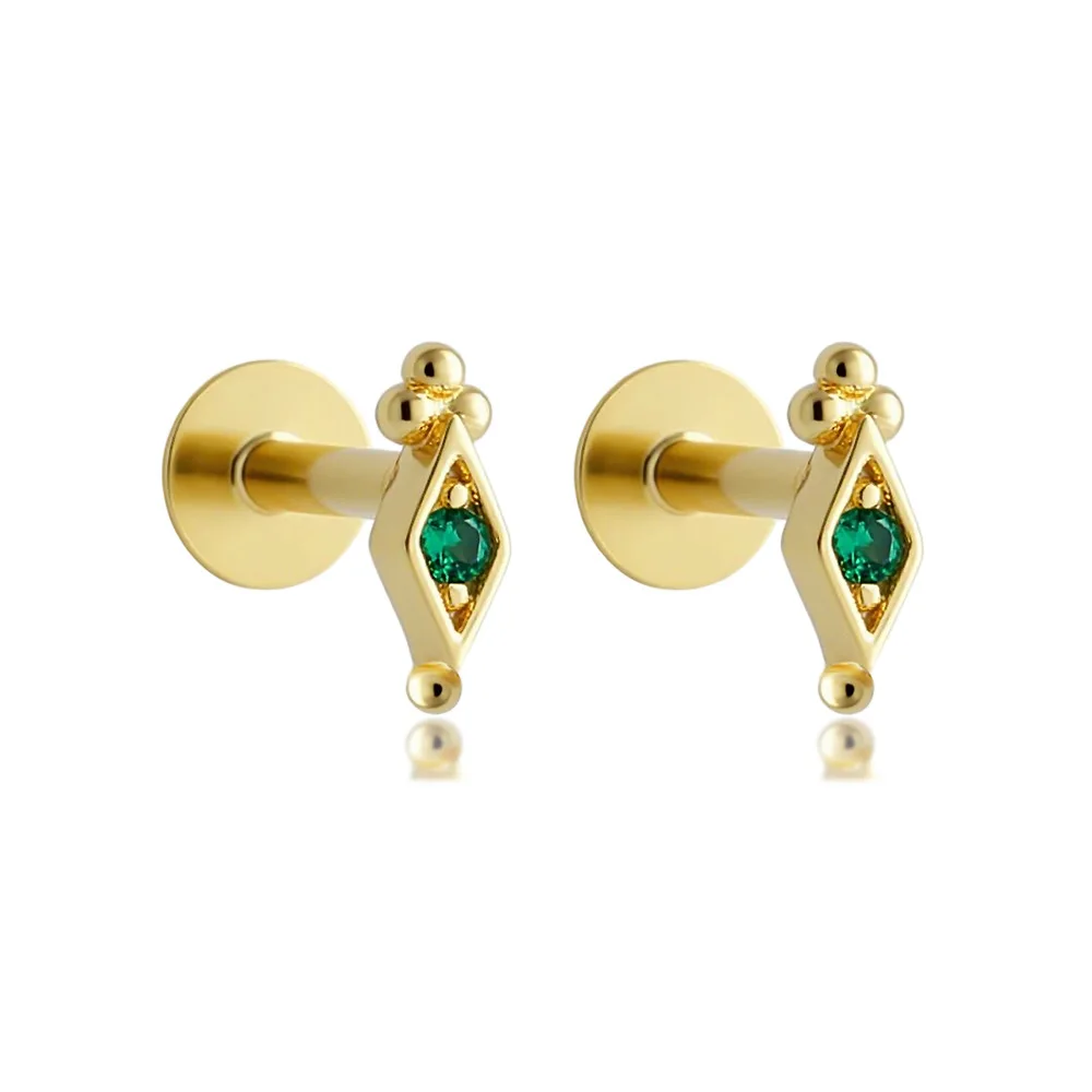 

CCFJOYAS 925 Sterling Silver Mini Cute Green Zircon T-tube Puncture Flat Bottom Screw Earrings for Girl Small Piercing Earrings
