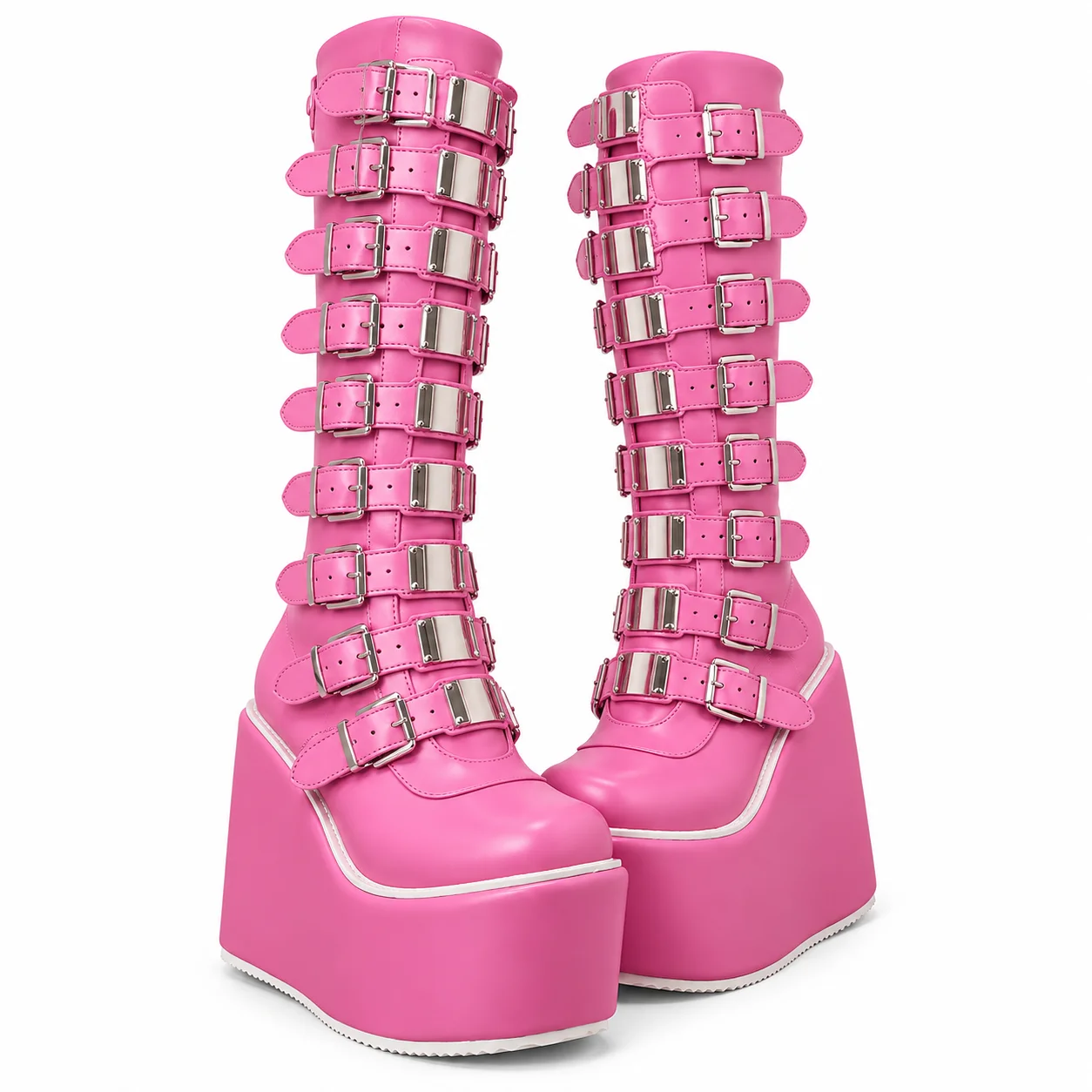 Women Gothic Pink Knee High Boots High Platform Wedge Heel Punk Motorcycle Shoes Round Toe Buckle Strap Halloween Cosplay Shoes