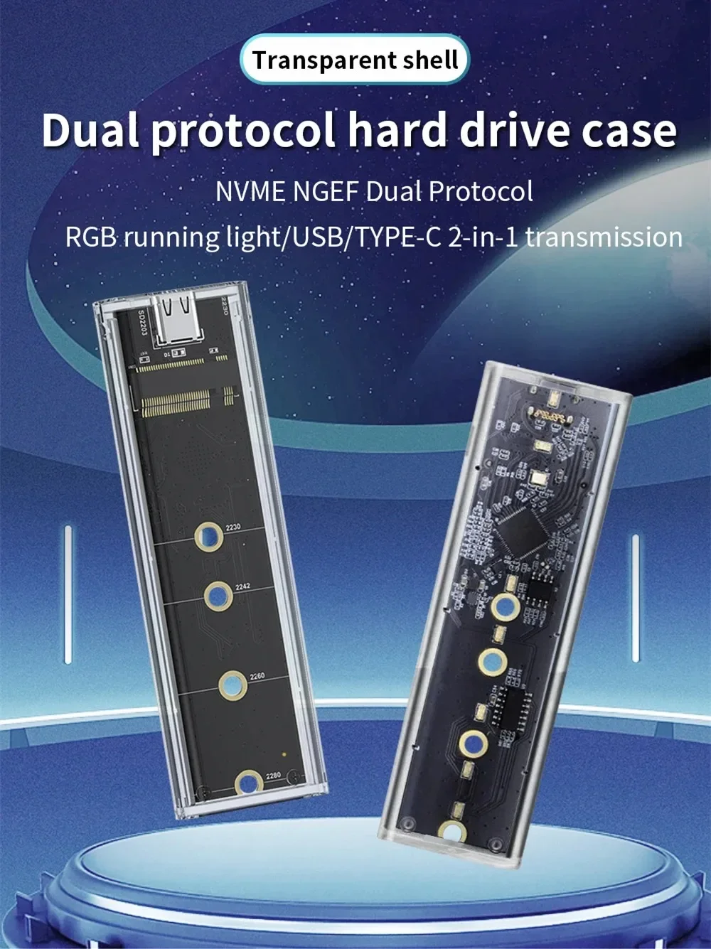 RGB transparent M.2 solid state 4TB hard drive case Nvme dual protocol 10Gbps mobile notebook SSD hard drive case NGFF M.2 case