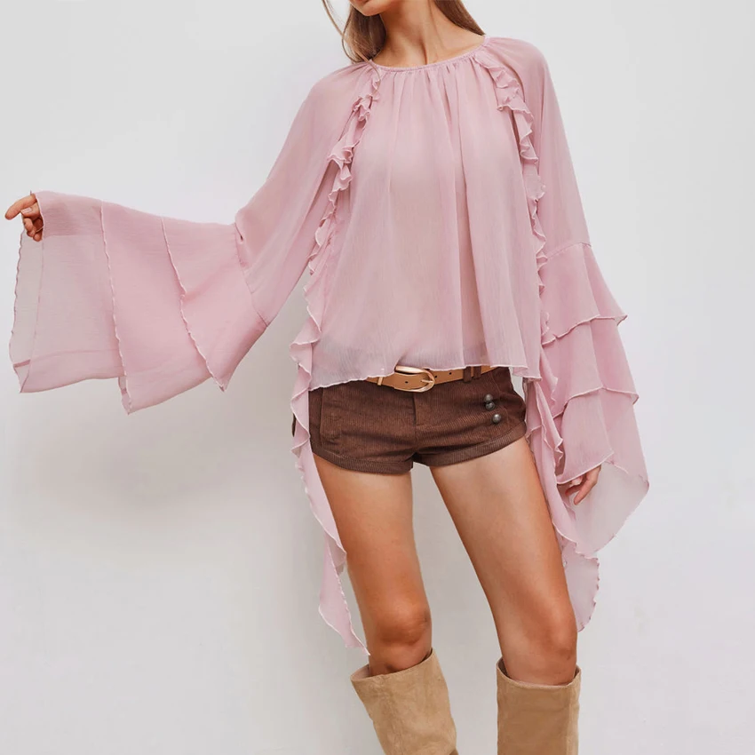 

Linad Elegant Chiffon Ruffles Butterfly Sleeve Shirts Female Fashion Pullover Blouse Women Casual O Neck Ladies Top 2025 Summer