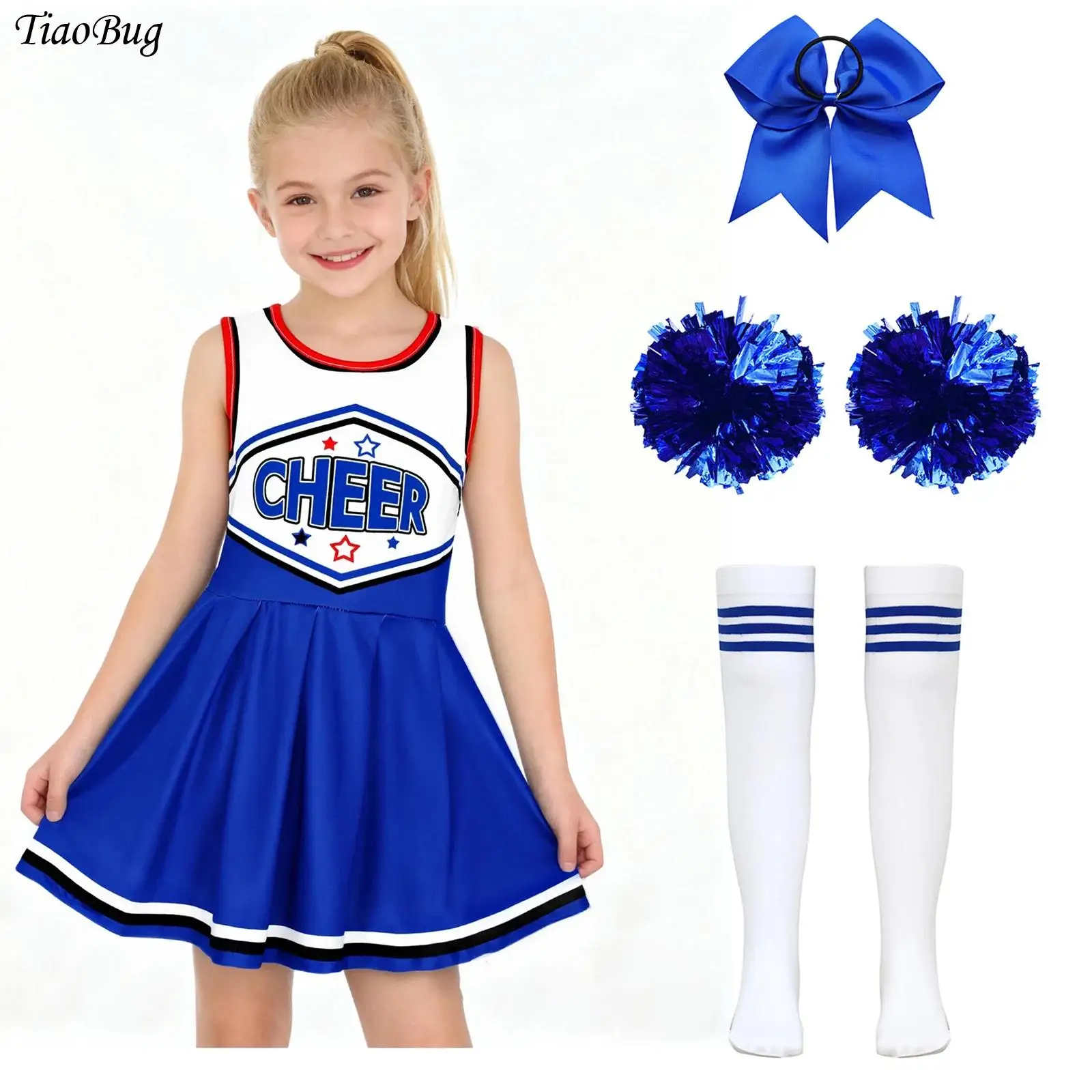 

Girls Cheerleader Costume Cheerleading Dance Outfit Uniform Letter Print Sleeveless Pleated Cheer Dress with Headwear Socks Suit