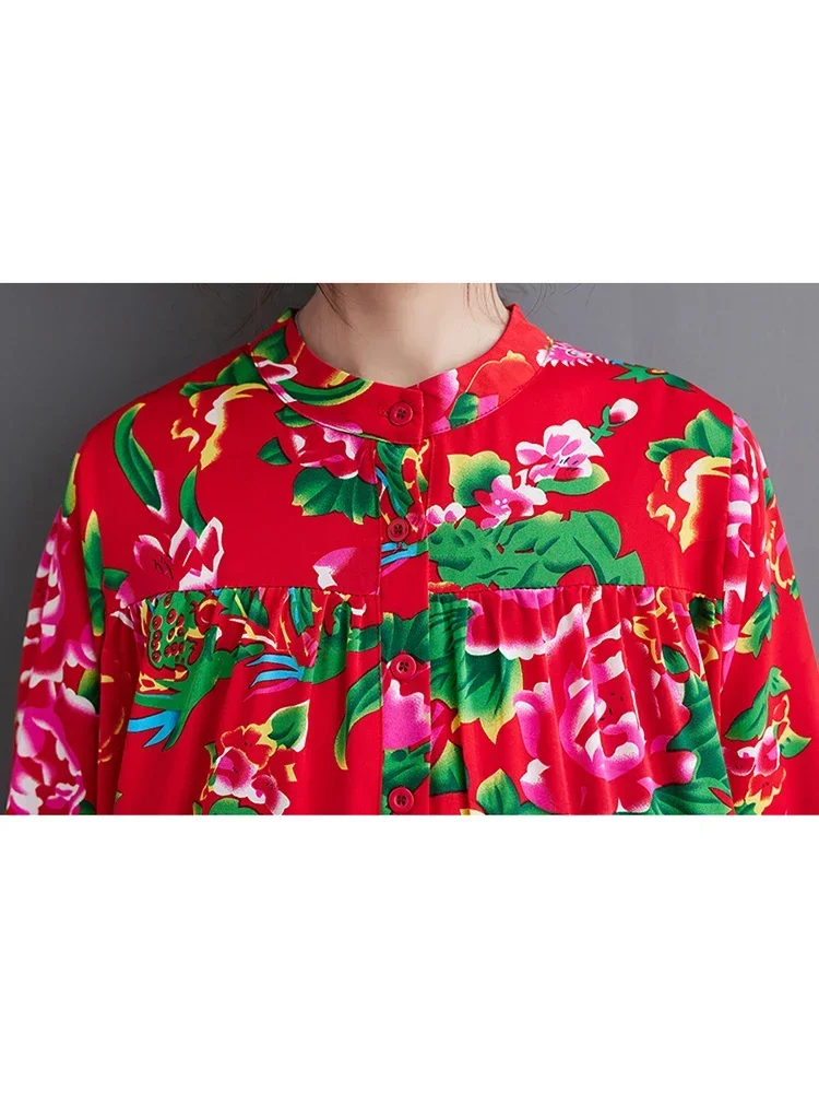 XITAO sukienka z nadrukiem w stylu vintage kontrastowy kolor moda w stylu etnicznym odzież damska z długim rękawem luźna koszula sukienka wiosna nowy HQQ2218