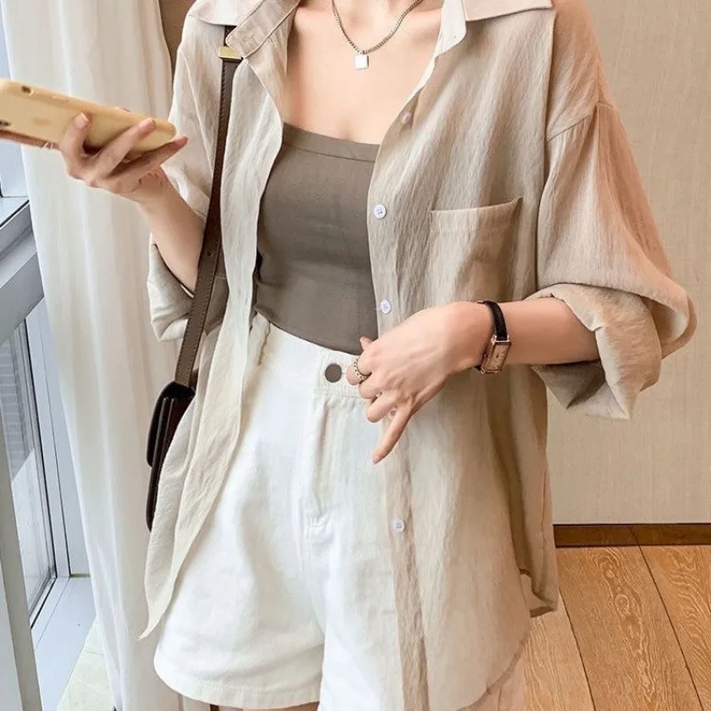 

Blue Cotton Linen Long-sleeved Sunscreen Shirt for Women in Summer Thin Style Slim and Loose Casual Collar