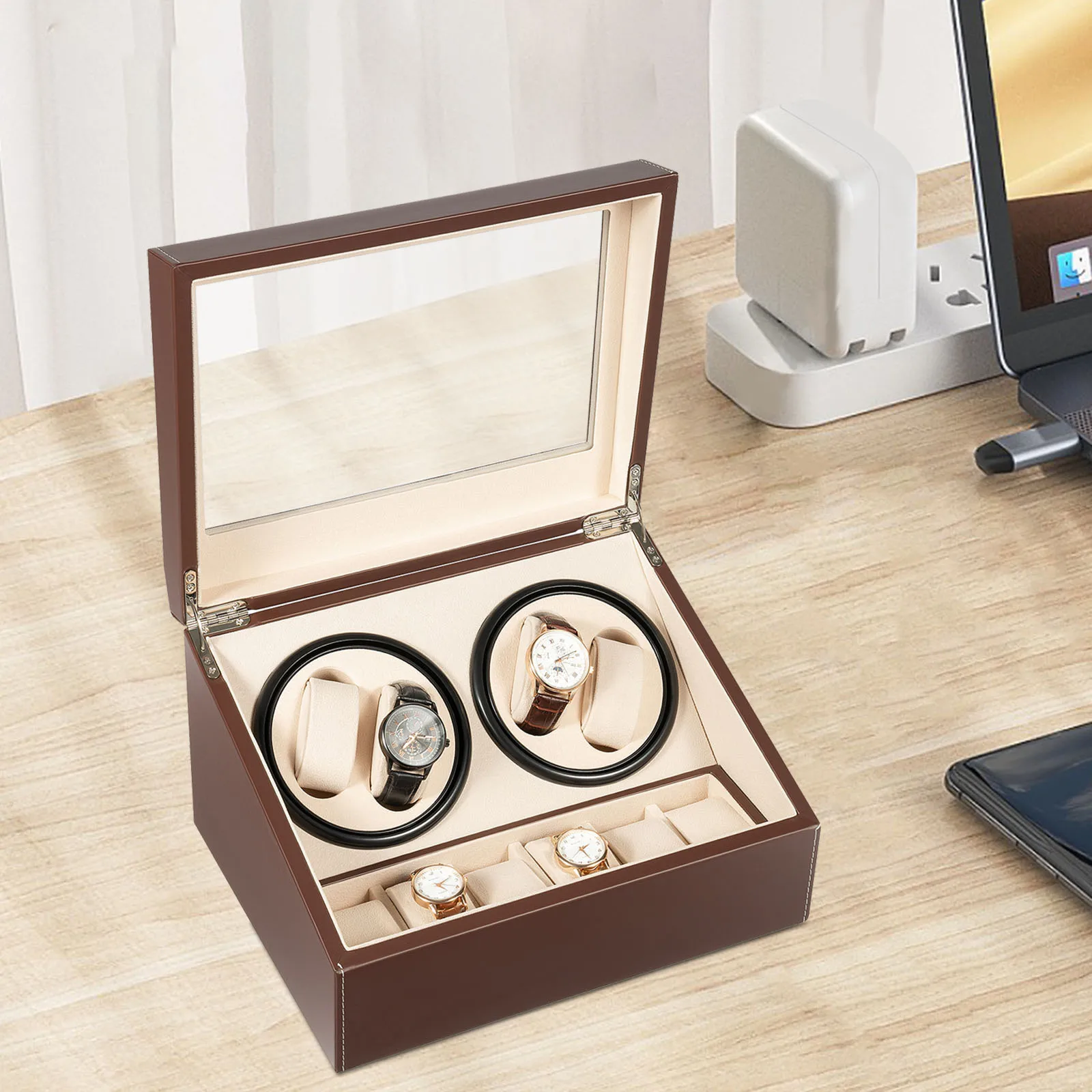 4 + 6 فتحات ماكينة لف ساعات أوتوماتيكية، علوية من جلد البولي يوريثان الزجاجي، صندوق عرض للساعة، حقيبة تخزين المجوهرات، بني/أسود #4