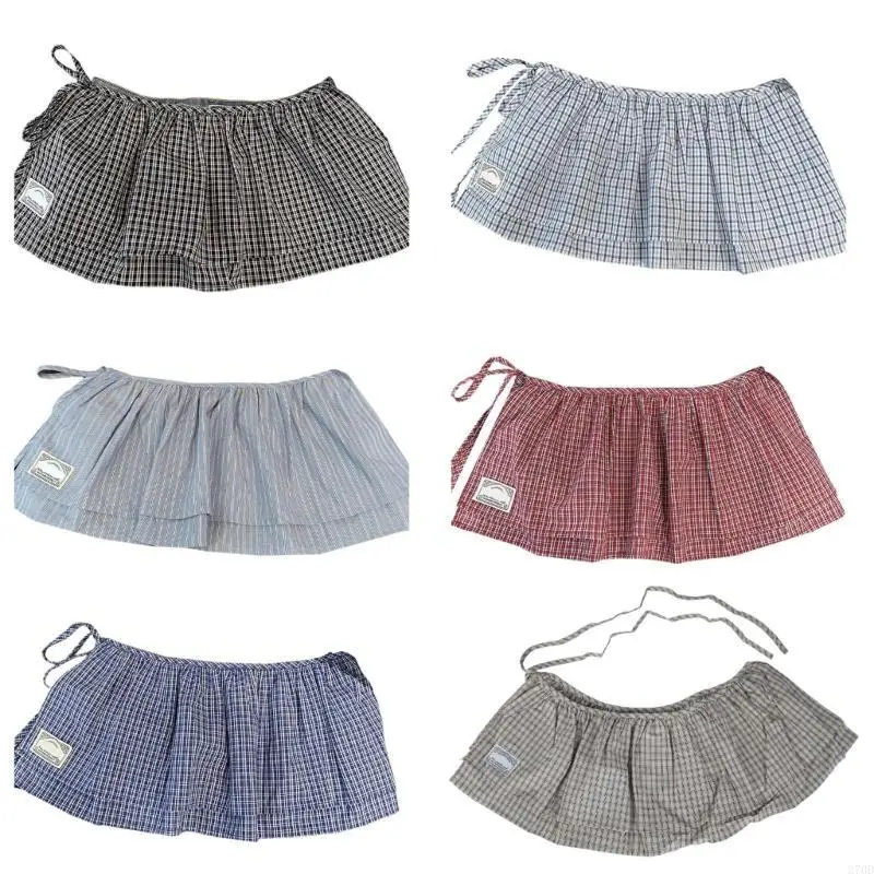 

270D Aesthetic Double Layer Mini Wrap Skirt Elegant Ruffled Plaids Apron Skirt Tie Waist Decorative Skirt Extender for Women