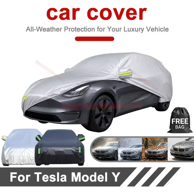 Custom-Fit Full Car Cover For Tesla Model Y Silver Coated Fabric With Zipper UV Sun Dust Outdoor Protection Car Parts