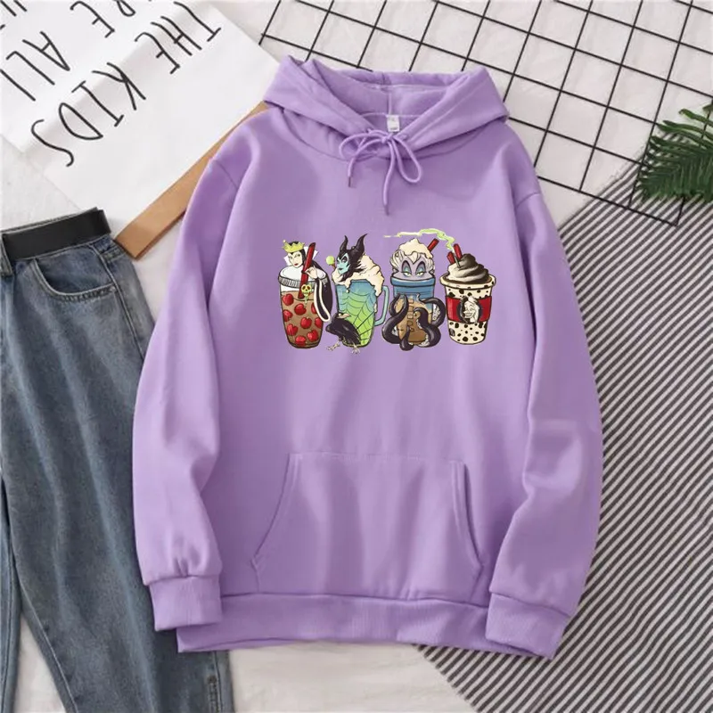 Funny Villains Coffee Hoodies Womens Anime Hip Hop Loose Sweatshirts Fleece Warm Soft Hooded Street Casual Harajuku Hoodie