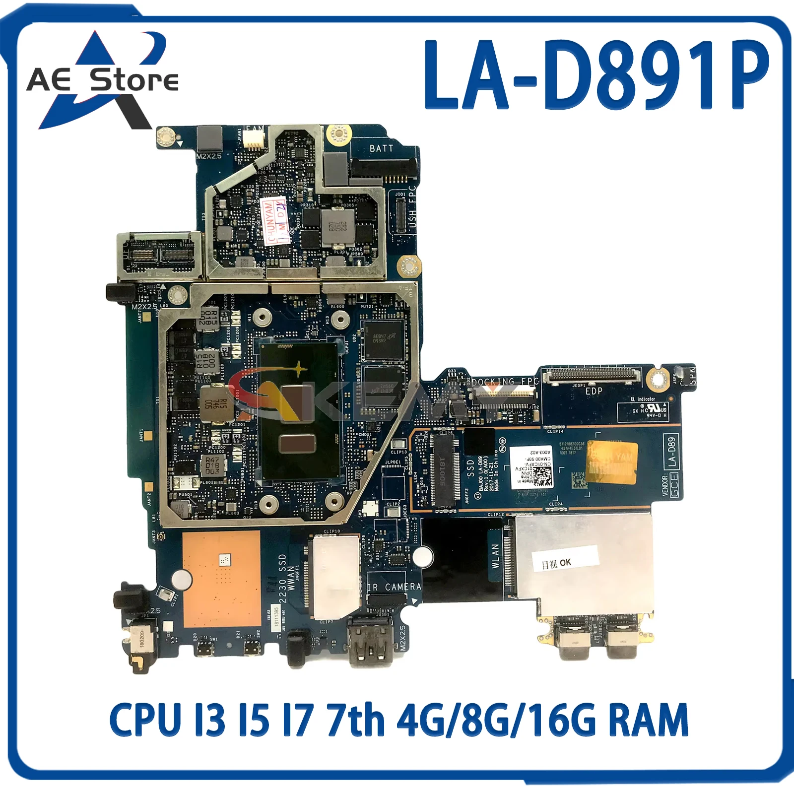 AE LA-D891P 메인 보드 DELL 위도 5285 BAJ00 1CXFV CN-01CXFV 노트북 마더 보드 CPU I3 I5 I7 7 4G/8G/16G RAM