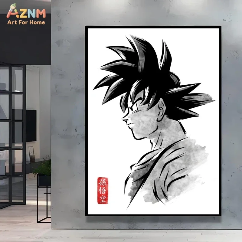 AZNM Dragon Ball Black White Sketch Canvas Poster, Goku Vegeta Piccolo Super Saiyan Manga Art Print, Anime Wall Picture, No Fram