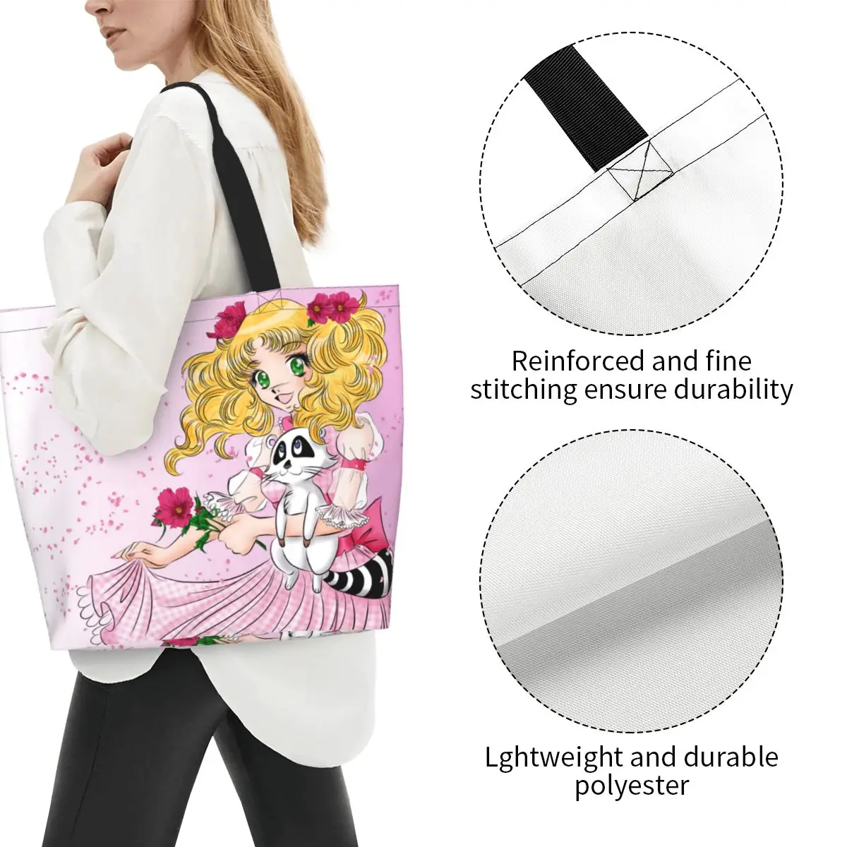 Anime Manga Candy Candy Groceries Shopping Bags Cute Printing Canvas Shopper Tote Shoulder Bags Large Capacity Durable Handbag