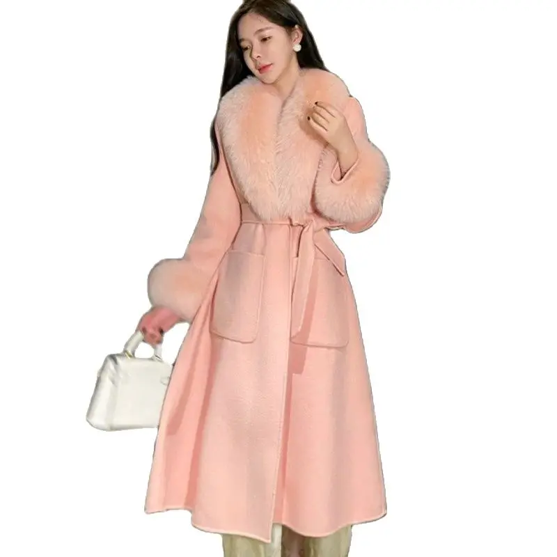 Double-Sided Cashmere Woolen Coat Women's Winter Double-Faced Woolen Goods Temperament Fox Fur Collar Fur Coat Mid-Length