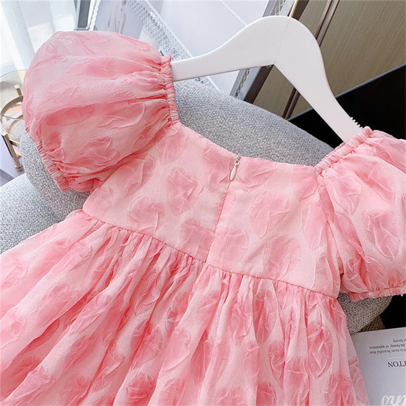 Baby Girls Dress Summer Stars Elegant Pink Princess Dress With Super Big Bow Kids Birthday Party Clothes Children Puffy Dress