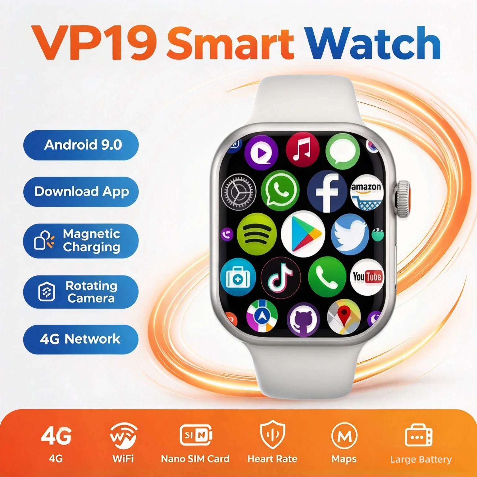 VP19 Android 9.0 Smartwatch,RotatingCamera,SIM Card Slot AMOLED Screen,GPS WiFi,Google Play Store Global Version Men Women Watch