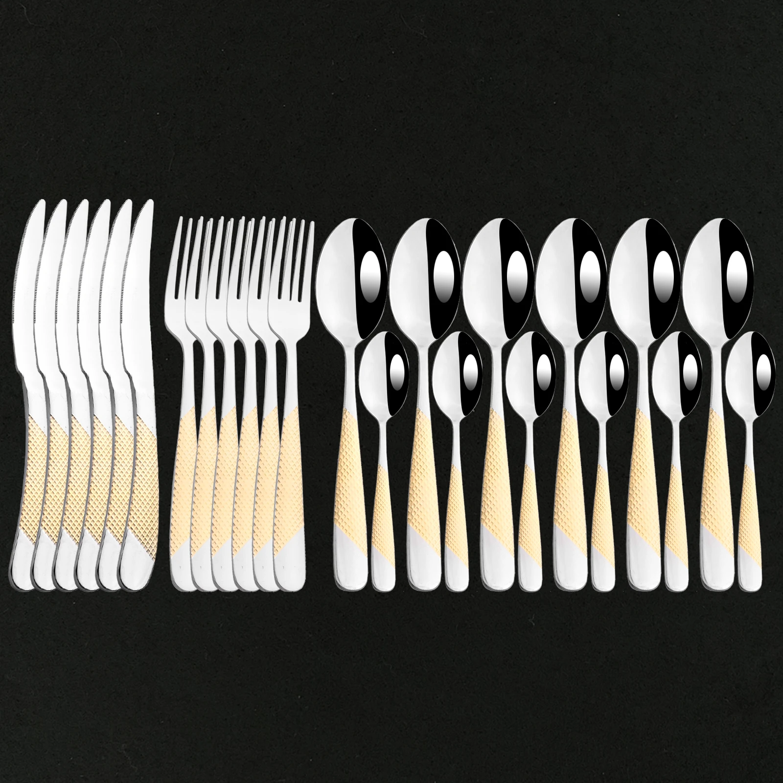 

Silver Stainless Steel 24Pcs Dinnerware Cutlery Set Home Gold Fork Spoon Knife Silverware Tableware Flatware Set Service for 6