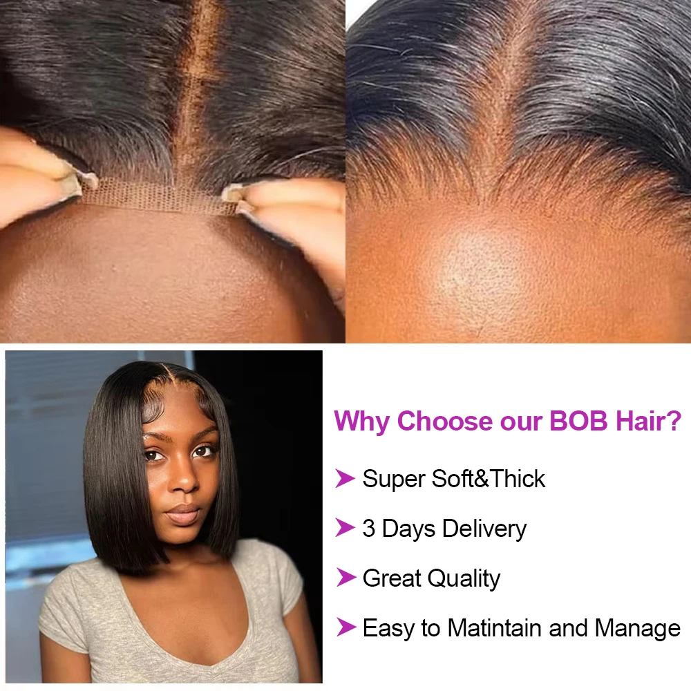Bob Perücke Kurz Glatt Glueless 13x4 13x6 HD Lace Front 100% Echthaar 250% Dichte Wear and Go Pre-Plucked Versand aus FR Lager für Schwarze Frauen – Detail 7
