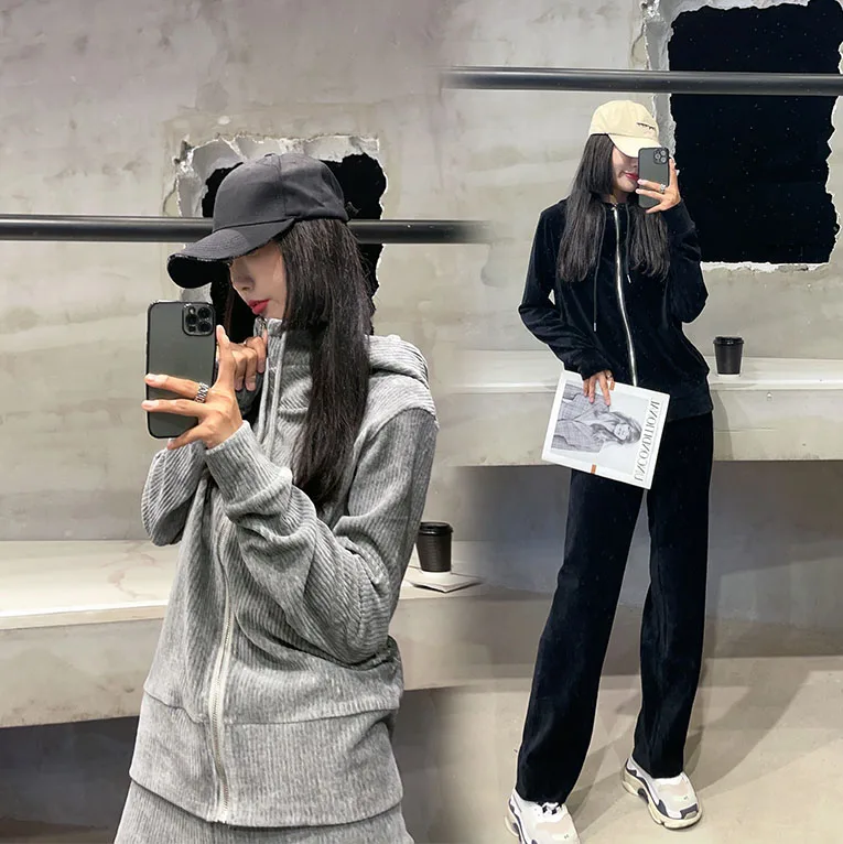 

Casual Sportswear Set Women's New European Sle Corduroy Hoodie Wide Leg Pants Trendy Loose Sweatirt Two Piece Set