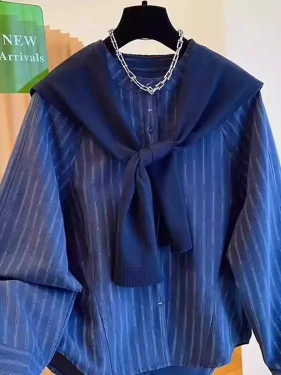 

plus Size 300 Pou oulder irt Blue Striped Loose College Sle Early Autumn Aosphere Feeling Men Women Clothing Top