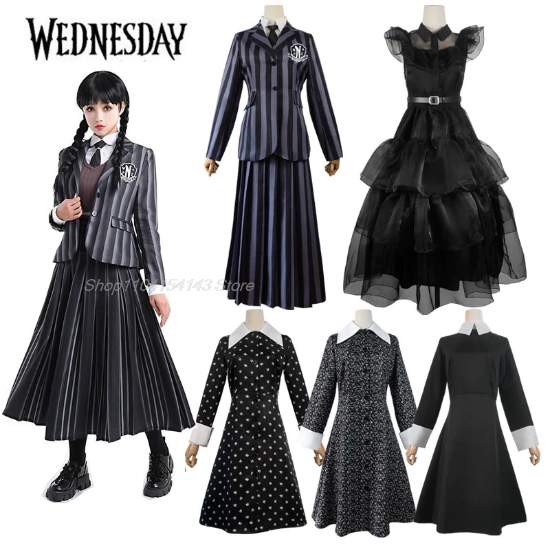 Wednesday Addams Cosplay Costume Girls Black Gothic Dress Elegant Chiffon Prom Gown Girl Outfits Halloween Carnival Party Child