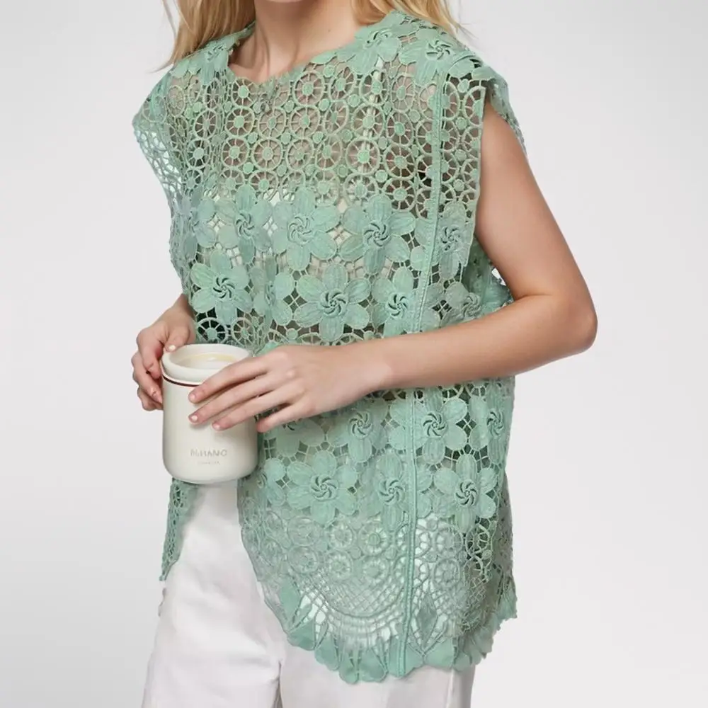 

2024 New Summer Women Vest T-Shirt Sleeveless Basic Fashion Tops Lace Tees Casual Loose Green Tees