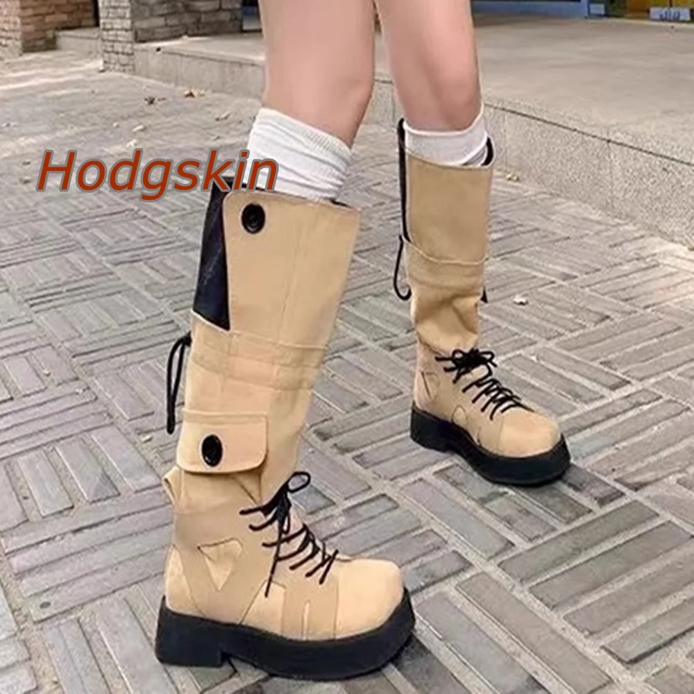 Button Patchwork Brown Slip On Boots Solid Over The Knee Round Toe Chunky Heel Boots Fashion 2025 Newest Casual Autumn Boots
