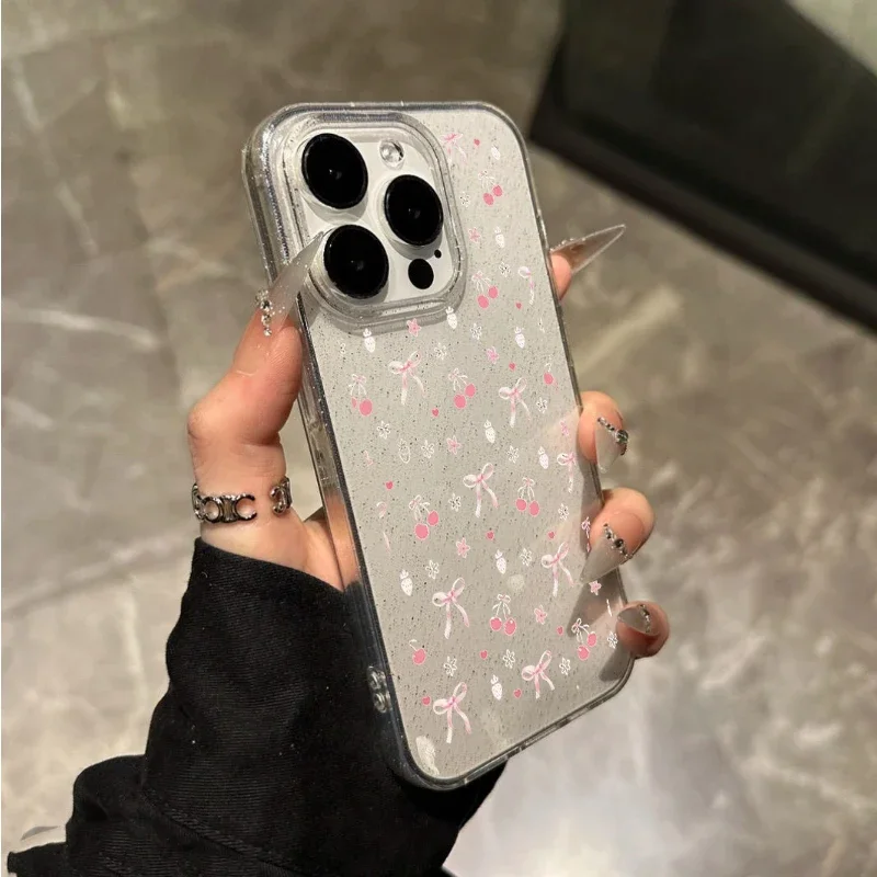 Pink Cherry Small Bow Cute Glitter Phone Case For iPhone 17 16 15 14 13 12 11 Pro MAX 17air MINI XR XSMAX 78 Plus Y2K Soft Cover view 4