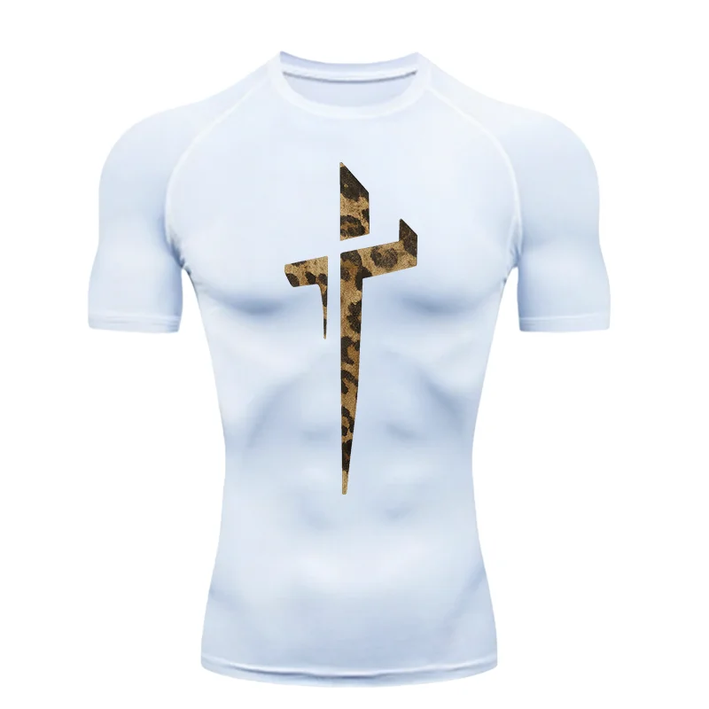 Cross Print 2026 Men's Sports T-shirt Training Fitness Compression Powerlifting T-shirt Gym T-shirts Pilates