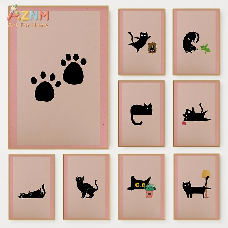 AZNM Cute Black Cat Canvas Wall Art Cartoon Paw Print Minimalist Boho Animal Art Print Frameless Canvas Painting Home Decor Post