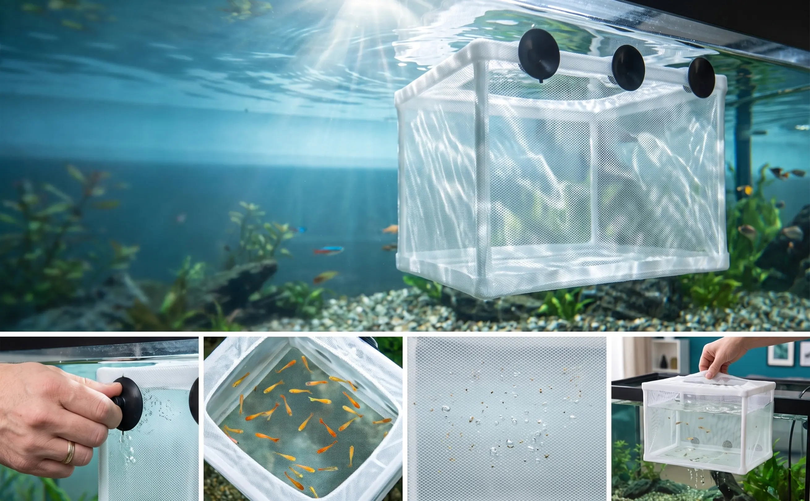 Aquarium Fish Big Size - 大型魚用ネット水槽、隔離ボックス、孵化器、吸盤付きプラスチックフレーム、魚の繁殖用、分離用、孵化用