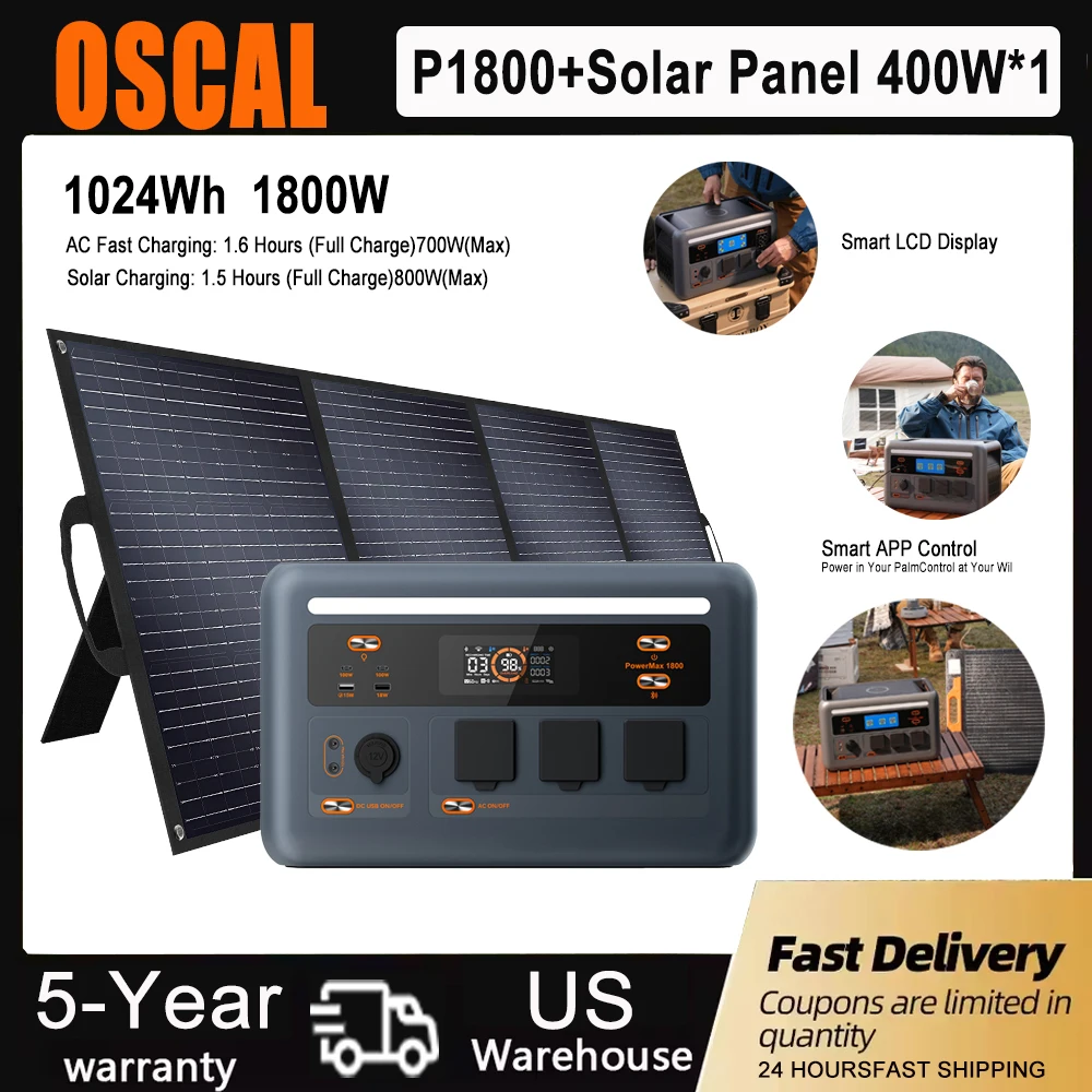 

OSCAL Power Station 1024Wh With Folable Solar Panel 400Wx1 Combo 1800W Solar Generator Fast Charging Backup For Outdoor Camping