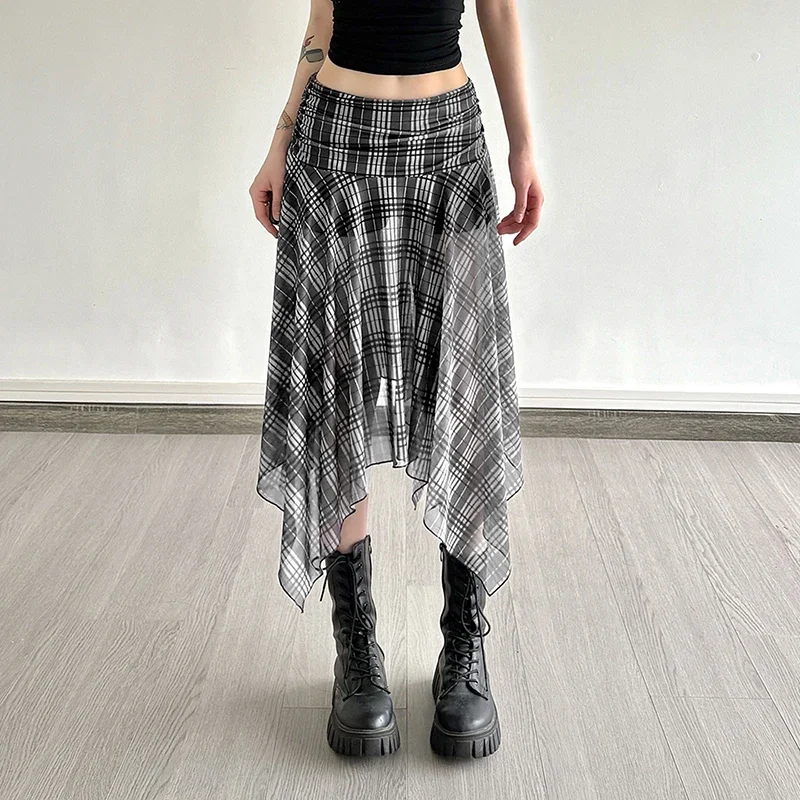 Jupe à carreaux Vintage pour femmes, Sexy, taille basse, courte, irrégulière, Y2k, Streetwear, esthétique Harajuku, été