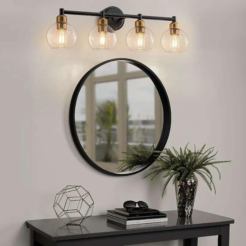 Black and Gold Wall Sconce with Clear Glass Globe Shades,Adjustable .Light Fixtures,4-Light Modern Bathroom Vanity Light