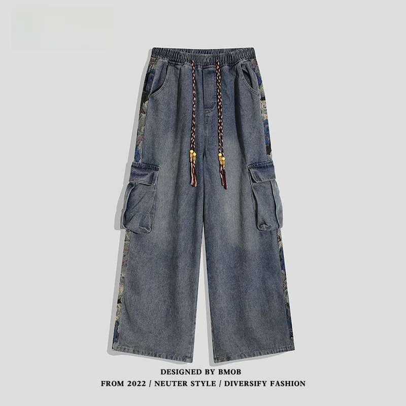 

American Retro Patchwork Bear Workwear Jeans Men's Trendy Brand Waed Loose Casual Wide Leg Pants Multi ket hine Embro...
