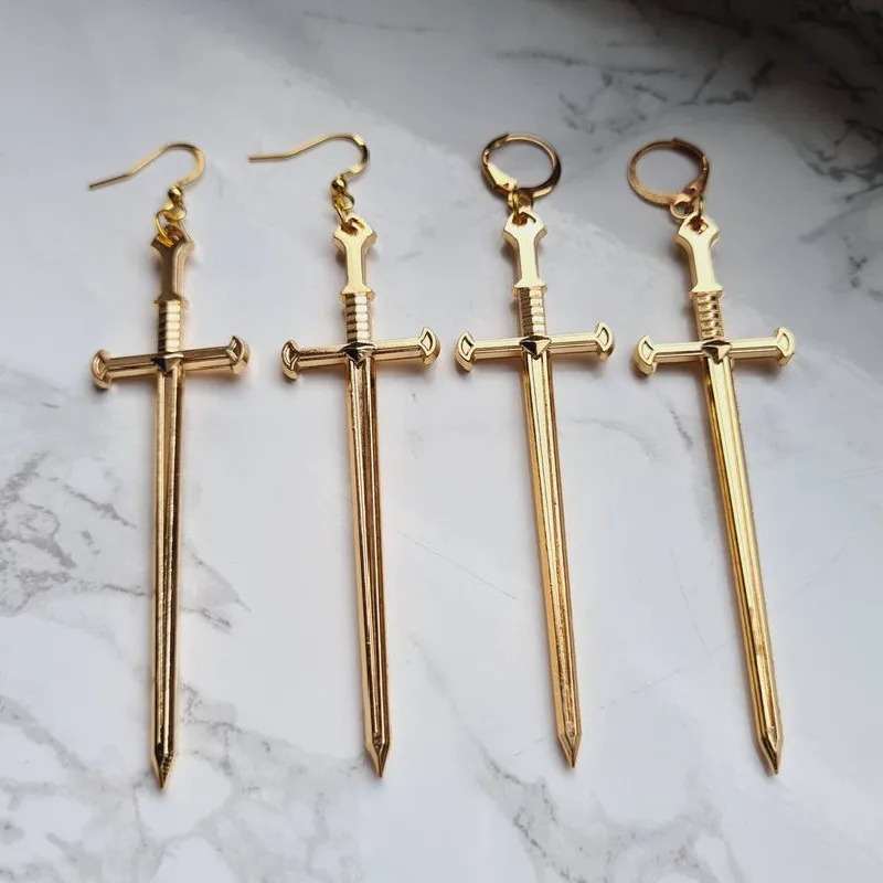 Mysterious Jewelry Golden Colour Goth Swords Earrings Long Gothic Medieval Tarot Viking Alternative Statement Women Men Gift