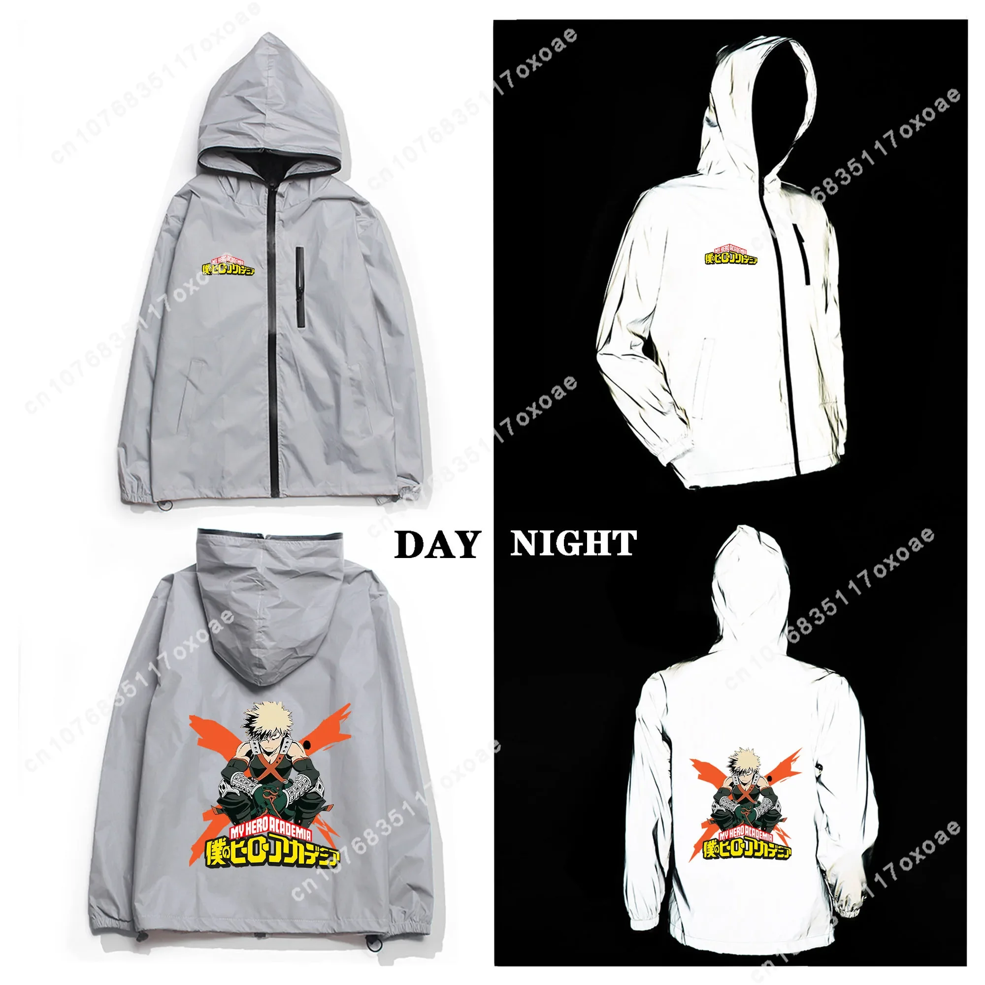 

My Hero Academia Reflective Jacket Mens Womens Coat Hooded Windbreaker Pocket Jackets Anime Bakugo Katsuki Customization Hoodie