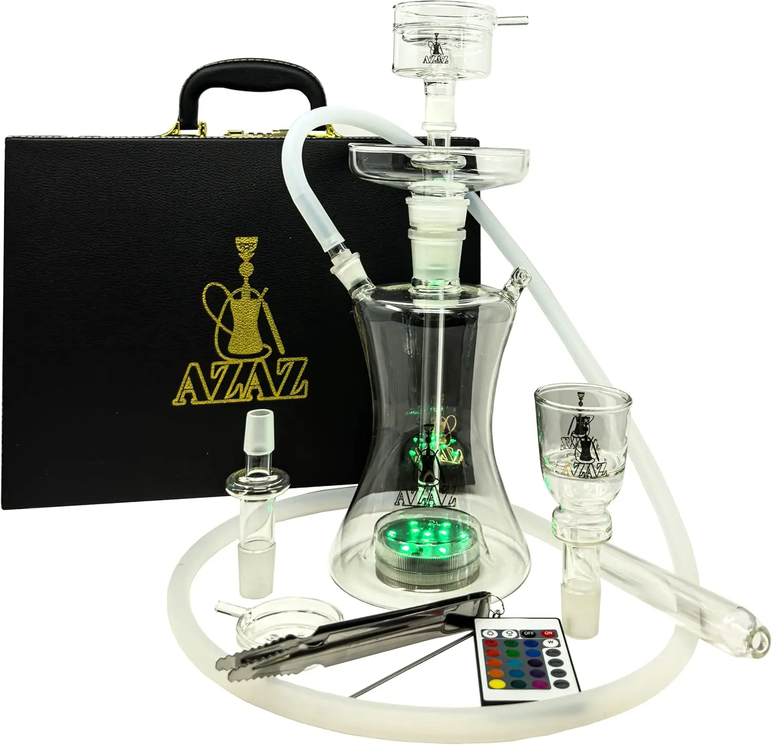 

Crystal Shisha Luxury Portable Glass Hookah Set with 2 Glass Bowls, 2 Bowl Lid, Charcoal Tray, LED Light with Remote, Charcoal Tongs, Disposable Hookah Hose, and Carrying Case