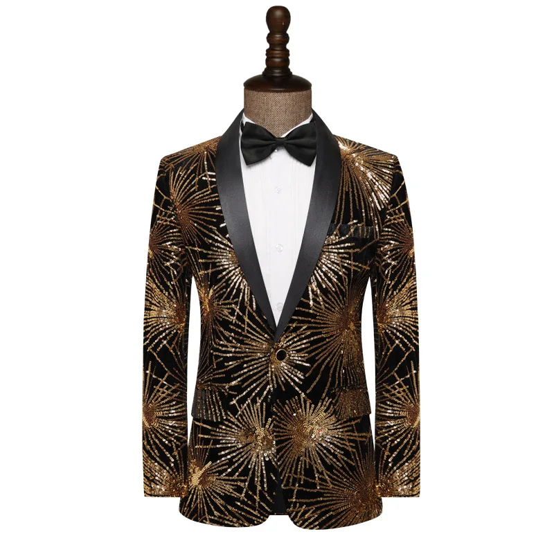 

Fashion Sequins Glitter Suit Jacket Gold One Button Shawl Collar Slim Fit Blazers Singer Party Stage Wedding Tuxedo Costume