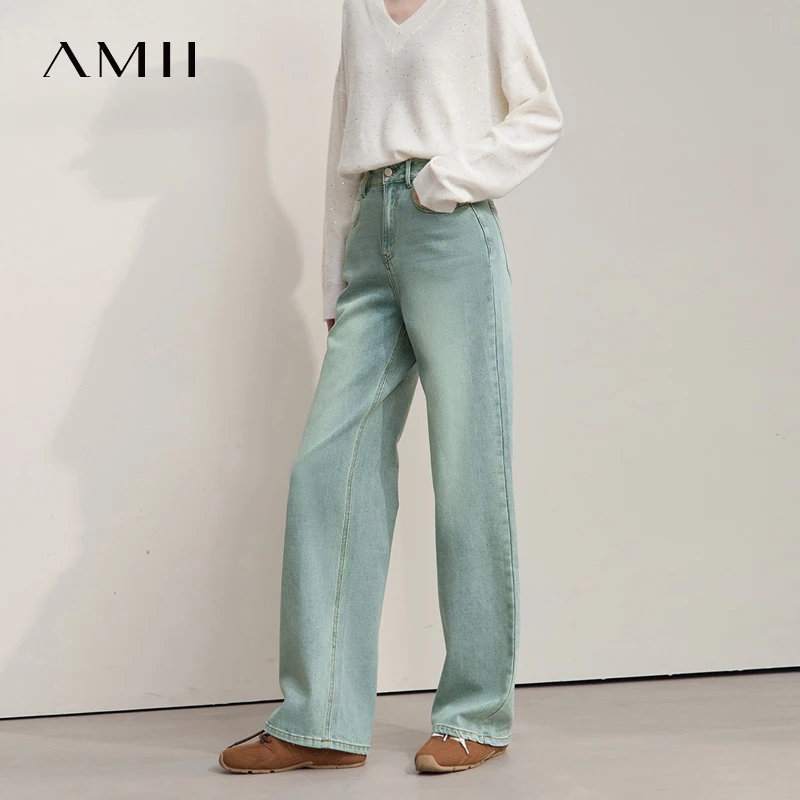 

AMII Minimalist Woman Straight Jeans 2025 Autumn Streetwear Solid Distressed Baggy Pants Fashion Commuting Denim Pants 12523142