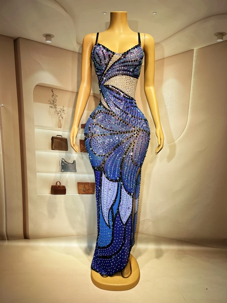 Ice Crystal Butterfly Female Singer Nightclub Water Diamond Sling Mesh Wrap Hip Split Long Dress Performance Dress Evening Dress