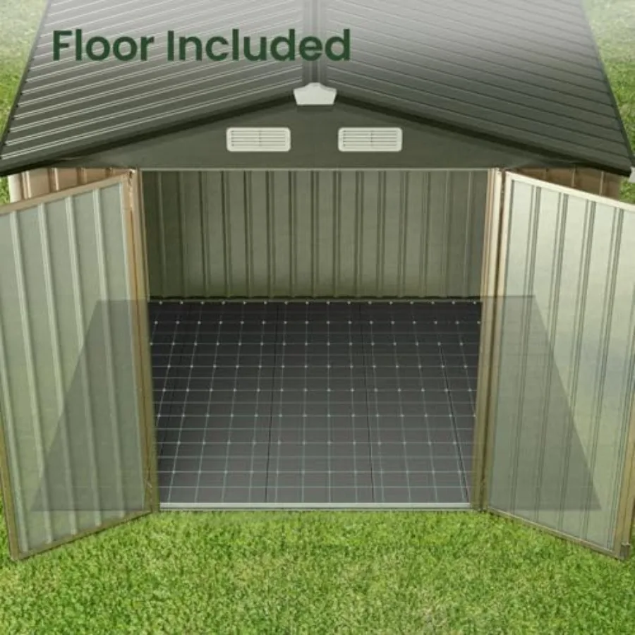 Outdoor storage shed for backyard and patio use, galvanized steel material, gray color, durable all-weather shelter with reinfo