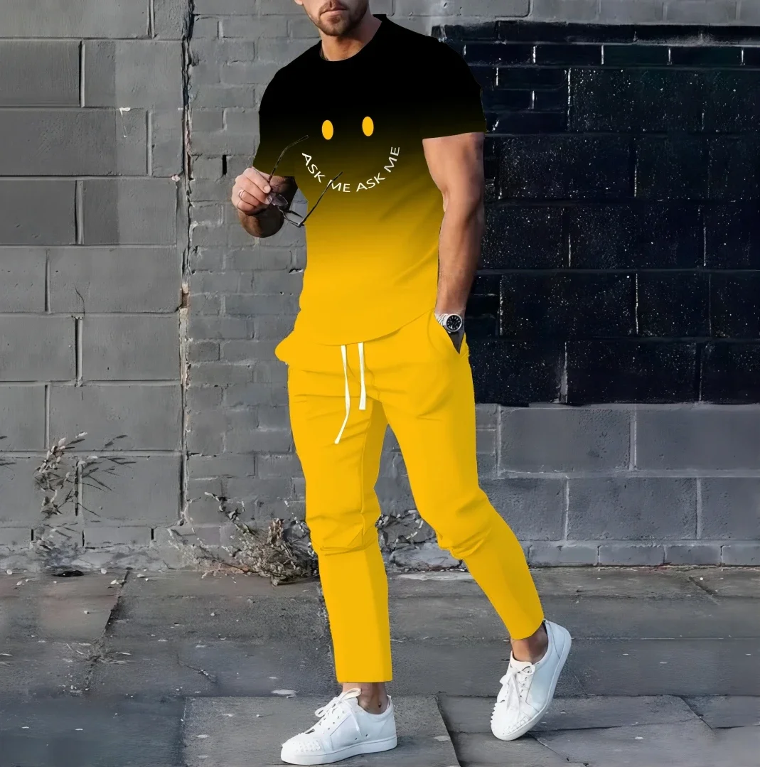 Summer fashion 3D printed smiling face pattern men's quick drying top street breathable trendy T-shirt set