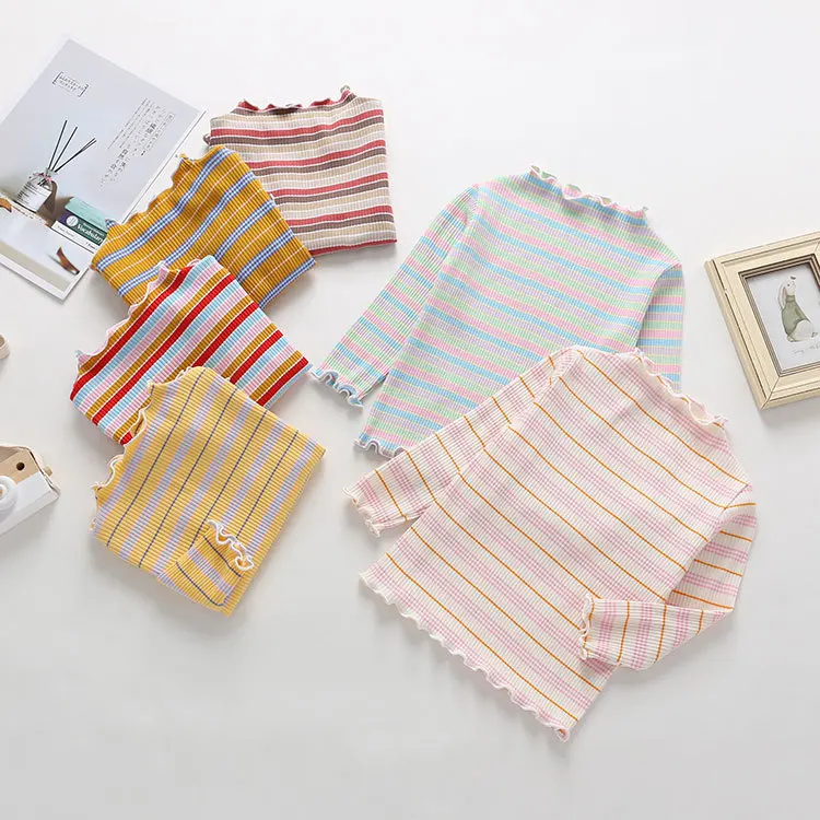 

2026 Spring Girls Rainbow Strip T-Shirt Long Sleeve Top Baby Round Neck Undershirt Kids Casual Outerwear 90-140 100% Cotton