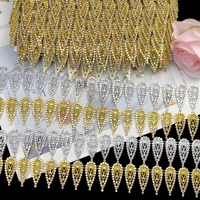 8 Yards 3.8cm Luxury Wide Teardrop Rhinestone Tassel Chain Trim Beaded Crystal Lace for Dress Wedding Hair Accessories Nail Art
