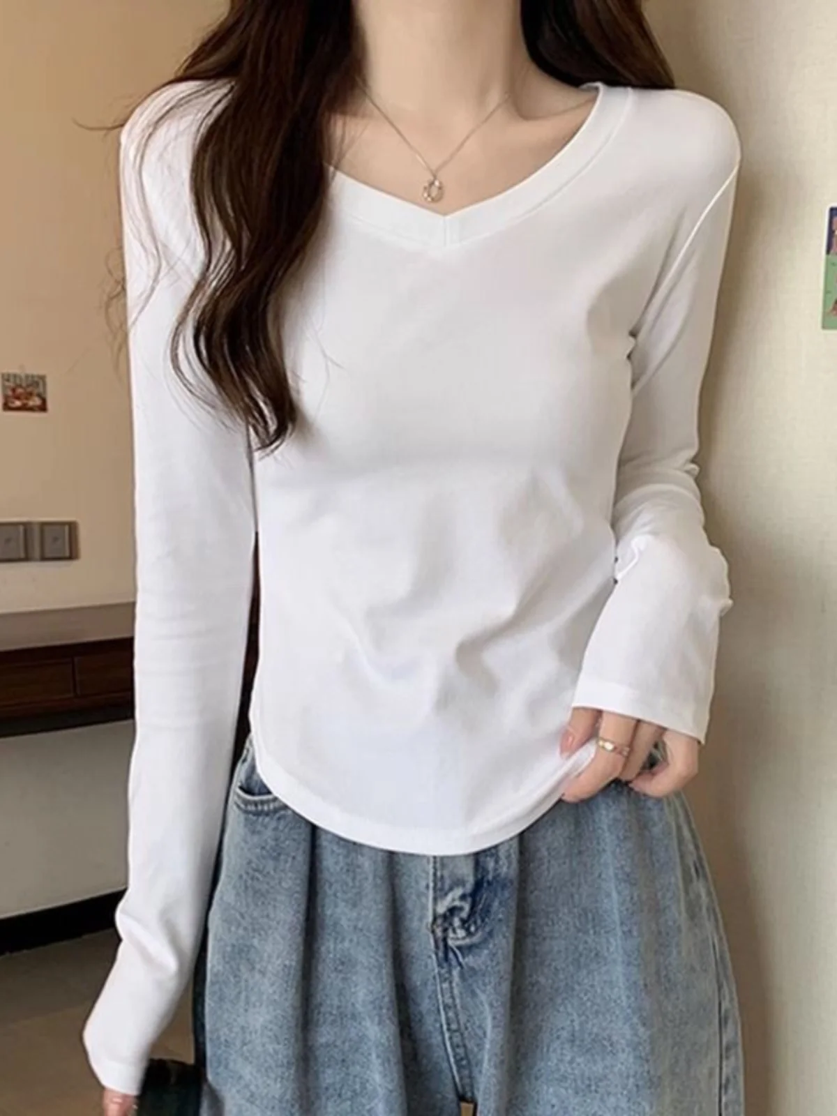 

Женская футболка Ele V-Ne Long Sve Modal, корейский облегающий топ с асимметричной базой на осень и зиму