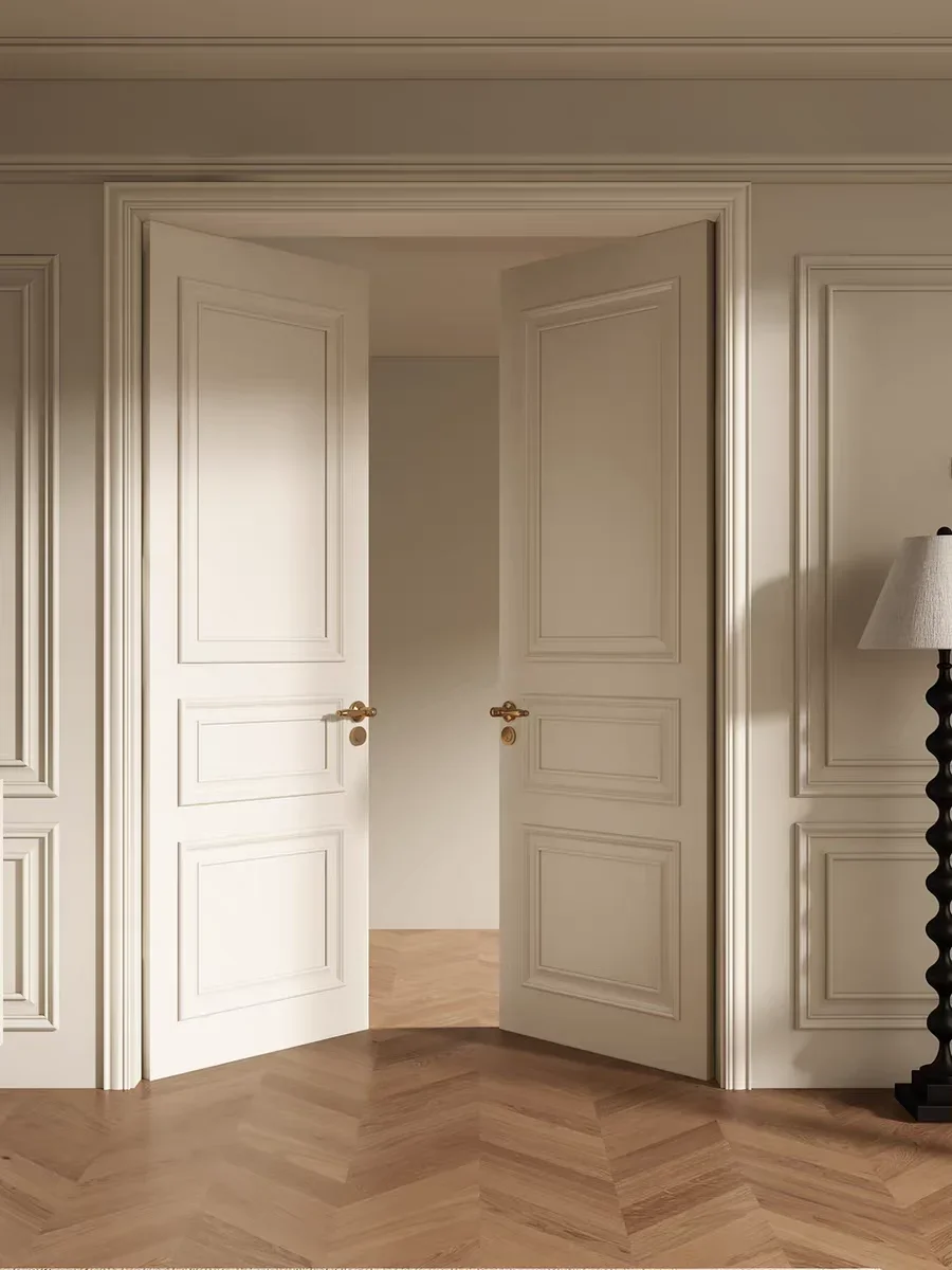 xx-Customization White Paint Medieval Style Hinged Wooden Door Stick Lines Midcentry Deep Lines Double Door Three Three Boxes